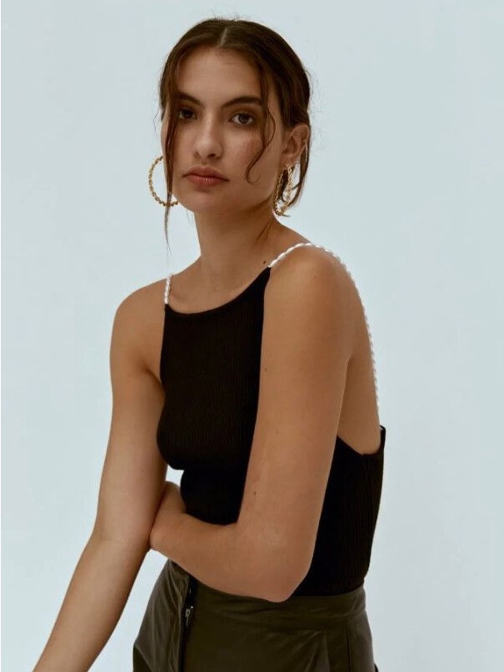 Musier Paris Black Ribbed Pearl-Strap Tank